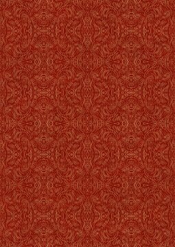 Hand-drawn unique abstract symmetrical seamless gold ornament on a bright red background. Paper texture. Digital artwork, A4. (pattern: p03e)