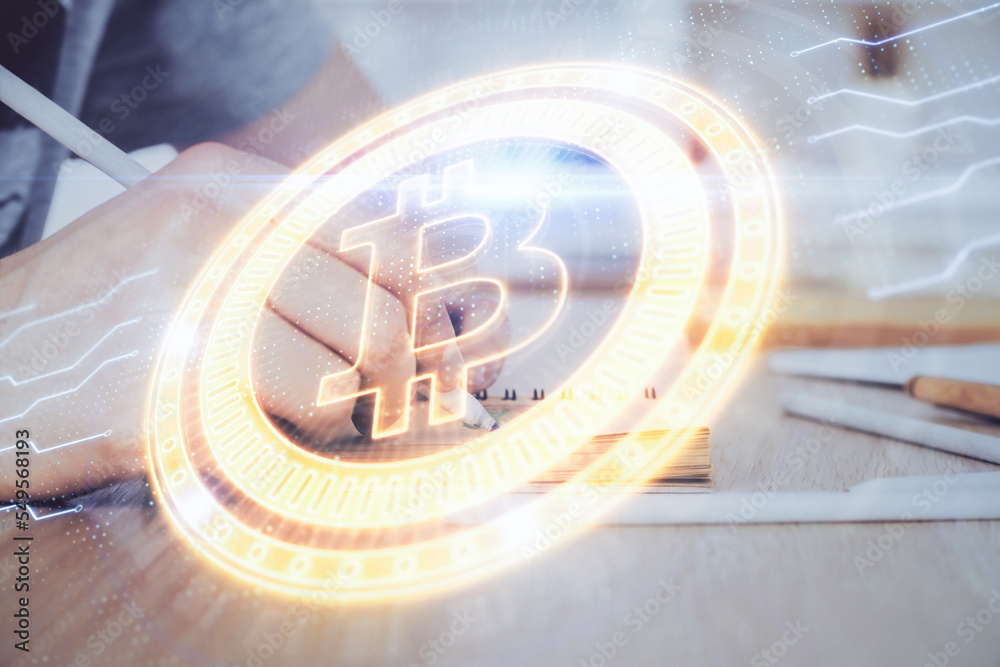 Poster Man's hands working with notes background. Cryptocurrency and finance concept.