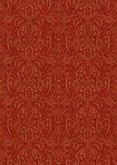 Hand-drawn unique abstract symmetrical seamless gold ornament on a bright red background. Paper texture. Digital artwork, A4. (pattern: p08-2e)