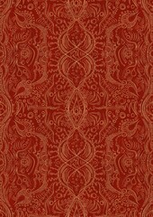 Hand-drawn unique abstract symmetrical seamless gold ornament on a bright red background. Paper texture. Digital artwork, A4. (pattern: p09d)