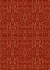 Hand-drawn unique abstract symmetrical seamless gold ornament on a bright red background. Paper texture. Digital artwork, A4. (pattern: p09e)