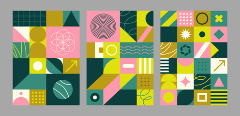 Obraz premium Neo geo posters. Geometric patterns. Abstract, trendy, modern and colorful covers, cards or brochures. Vector illustrations. Basic geometrical shapes. Graphic and minimalist backgrounds.