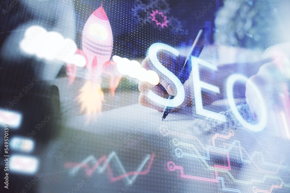 Poster multi exposure of woman's hands making notes with seo icon. concept of search engine optimization