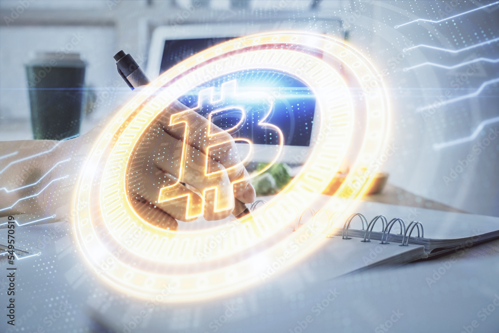 Poster cryptocurrency hologram, bitcoin, ico theme over hands taking notes background. concept of blockchai