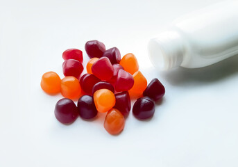Group of red, orange and purple multivitamin gummies with the bottle isolated on white background