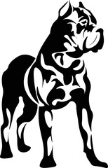 Black and White Cartoon Illustration Vector of a Bull Mastiff Puppy Dog Standing Guard