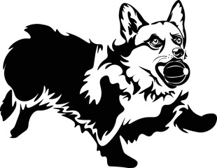 Black and White Cartoon Illustration Vector of a Corgi Running with a Tennis Ball
