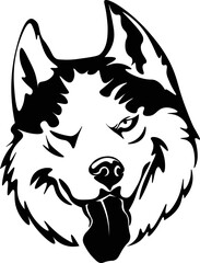 Black and White Cartoon Illustration Vector of a Husky Puppy Dog Winking Head and Face