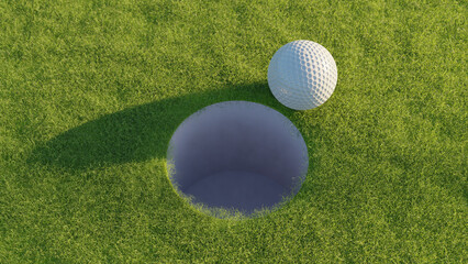 3d illustration of a golf ball near of the hole. Almost hole in one. 