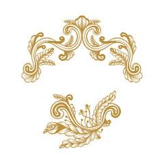 Fototapeta premium Hand Drawn Vintage damask ornamental elements for design. Baroque frame scroll ornament. Golden Elegant abstract floral pattern border in antique style. Decorative foliage swirl edging.