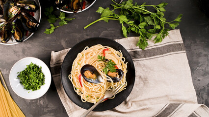 Homemade pasta spaghetti with mussels