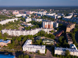 Aerial view of cityscape of Russian city of Orekhovo-Zuyevo overlooking Cathedral of Nativity of Blessed Virgin