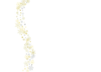 Gold snowflakes frame on white background. New year theme. Horizontal shiny Christmas frame for holiday banner, card, sale, special offer. Falling snow with gold snowflake and glitter for party invite