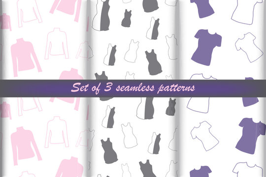 Set of Seamless patterns from outline clothing long, short sleeve tshirt and dress in trendy shades.