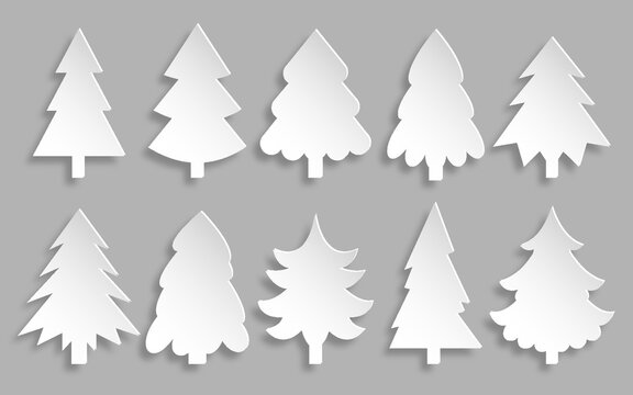 Christmas tree paper cut set. Merry xmas happy New Year decoration sign. Origami cartoon application. Pine spruce fir cone shape for laser cut craft card, garland element, label tag badge template