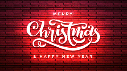 Fototapeta premium Merry Christmas Happy New Year hand lettering neon sign. Night bright fluorescent red luminous signboard banner. Glowing Xmas calligraphic poster. Winter holiday neon lights on brick wall background