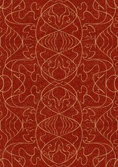 Hand-drawn unique abstract symmetrical seamless gold ornament with splatters of golden glitter on a bright red background. Paper texture. Digital artwork, A4. (pattern: p02-1d)