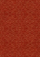 Hand-drawn unique abstract symmetrical seamless gold ornament with splatters of golden glitter on a bright red background. Paper texture. Digital artwork, A4. (pattern: p02-1e)