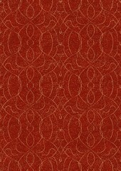 Hand-drawn unique abstract symmetrical seamless gold ornament with splatters of golden glitter on a bright red background. Paper texture. Digital artwork, A4. (pattern: p08-1e)