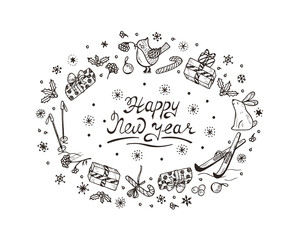 Happy New Year card with hand drawn lettering and celebratory items. Holiday background. Festive frame. Christmas wreath