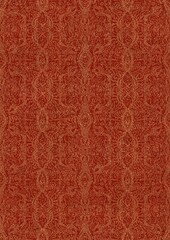 Hand-drawn unique abstract symmetrical seamless gold ornament with splatters of golden glitter on a bright red background. Paper texture. Digital artwork, A4. (pattern: p09e)