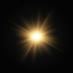 Shining golden star. Light Effect Bright Star, Christmas Star. Golden glowing light explodes.