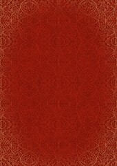 Hand-drawn unique abstract ornament. Light red on a bright red background, with vignette of same pattern in golden glitter. Paper texture. Digital artwork, A4. (pattern: p02-2e)