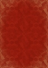 Hand-drawn unique abstract ornament. Light red on a bright red background, with vignette of same pattern in golden glitter. Paper texture. Digital artwork, A4. (pattern: p05e)