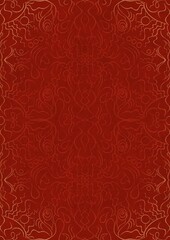 Hand-drawn unique abstract ornament. Light red on a bright red background, with vignette of same pattern in golden glitter. Paper texture. Digital artwork, A4. (pattern: p07-1d)