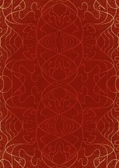 Hand-drawn unique abstract ornament. Light red on a bright red background, with vignette of same pattern and splatters in golden glitter. Paper texture. Digital artwork, A4. (pattern: p02-1d)