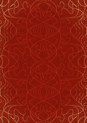 Hand-drawn unique abstract ornament. Light red on a bright red background, with vignette of same pattern and splatters in golden glitter. Paper texture. Digital artwork, A4. (pattern: p02-1d)