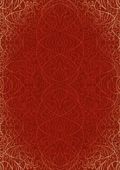 Hand-drawn unique abstract ornament. Light red on a bright red background, with vignette of same pattern and splatters in golden glitter. Paper texture. Digital artwork, A4. (pattern: p02-2d)