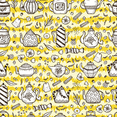 Tea Time. Crockery and sweets food. Grunge striped background with kettles. Hand Drawn Doodle Different Teapots and additives for tea Vector Seamless