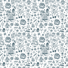 Merry Christmas. Christmas seamless pattern. Holiday background. Endless texture. Hand Drawn Doodles illustration. Black and white.