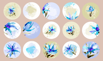A set of different watercolor highlight covers. Flower, floral, natural icons for stories on social networks. Highlights the covers for the story.