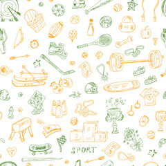 Sports. Vector Seamless pattern of sports equipment. Hand Drawn Doodles illustration.