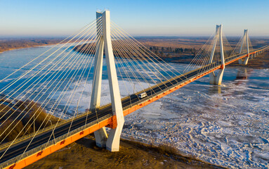 Flight over cable-stayed bridge over the Oka River. Russia