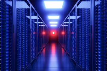 Server dark room in datacenter with blue neon lights
