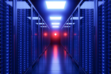 Fototapeta premium Server dark room in datacenter with blue neon lights