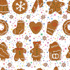 Doodles Christmas Cookies. Gingerbread - Vector Seamless pattern. Celebratory background. Holiday wallpaper. Xmas. Merry Christmas and New Year background.