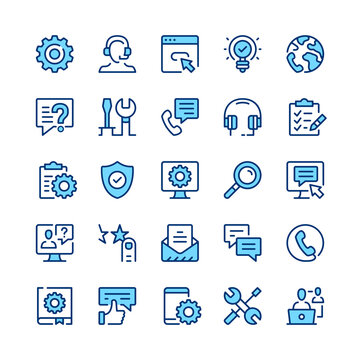 Technical support line icons. Blue color. Vector line icons set