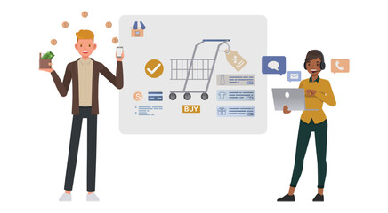 Business ecommerce concept. Office man and woman character vector design. Business people working in office planning, thinking and economic analysis on isolated white background.