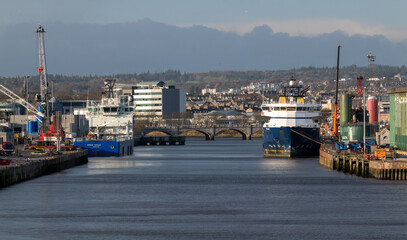 25 November 2022. Aberdeen, Scotland. This is the view of Aberdeen City across the Harbour area at Torry.