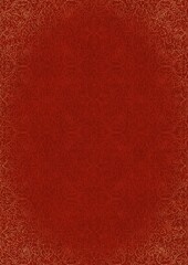 Hand-drawn unique abstract ornament. Light red on a bright red background, with vignette of same pattern and splatters in golden glitter. Paper texture. Digital artwork, A4. (pattern: p07-1e)