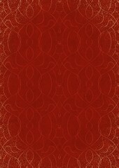 Hand-drawn unique abstract ornament. Light red on a bright red background, with vignette of same pattern and splatters in golden glitter. Paper texture. Digital artwork, A4. (pattern: p08-1e)