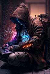 Hooded hacker man typing on laptop, hacking computer system. 