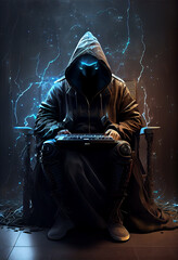Hooded hacker man typing on laptop, hacking computer system.  - obrazy, fototapety, plakaty