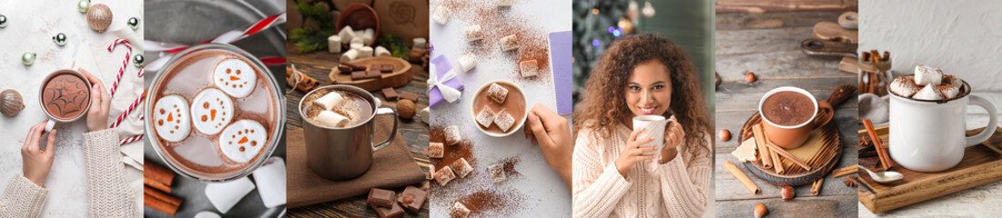 Christmas collage of young woman with sweet cocoa drinks in cups and marshmallows