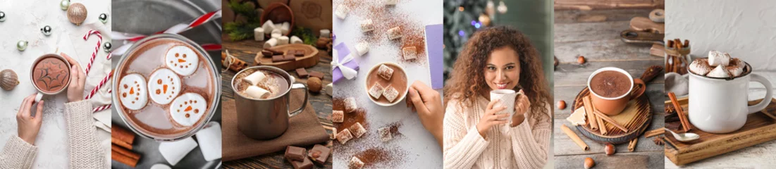 Fotobehang Christmas collage of young woman with sweet cocoa drinks in cups and marshmallows © Pixel-Shot