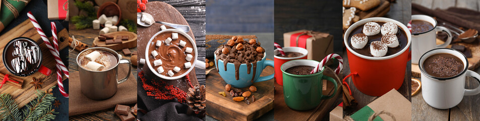 Christmas collage of sweet cocoa drink and chocolate cake in cups